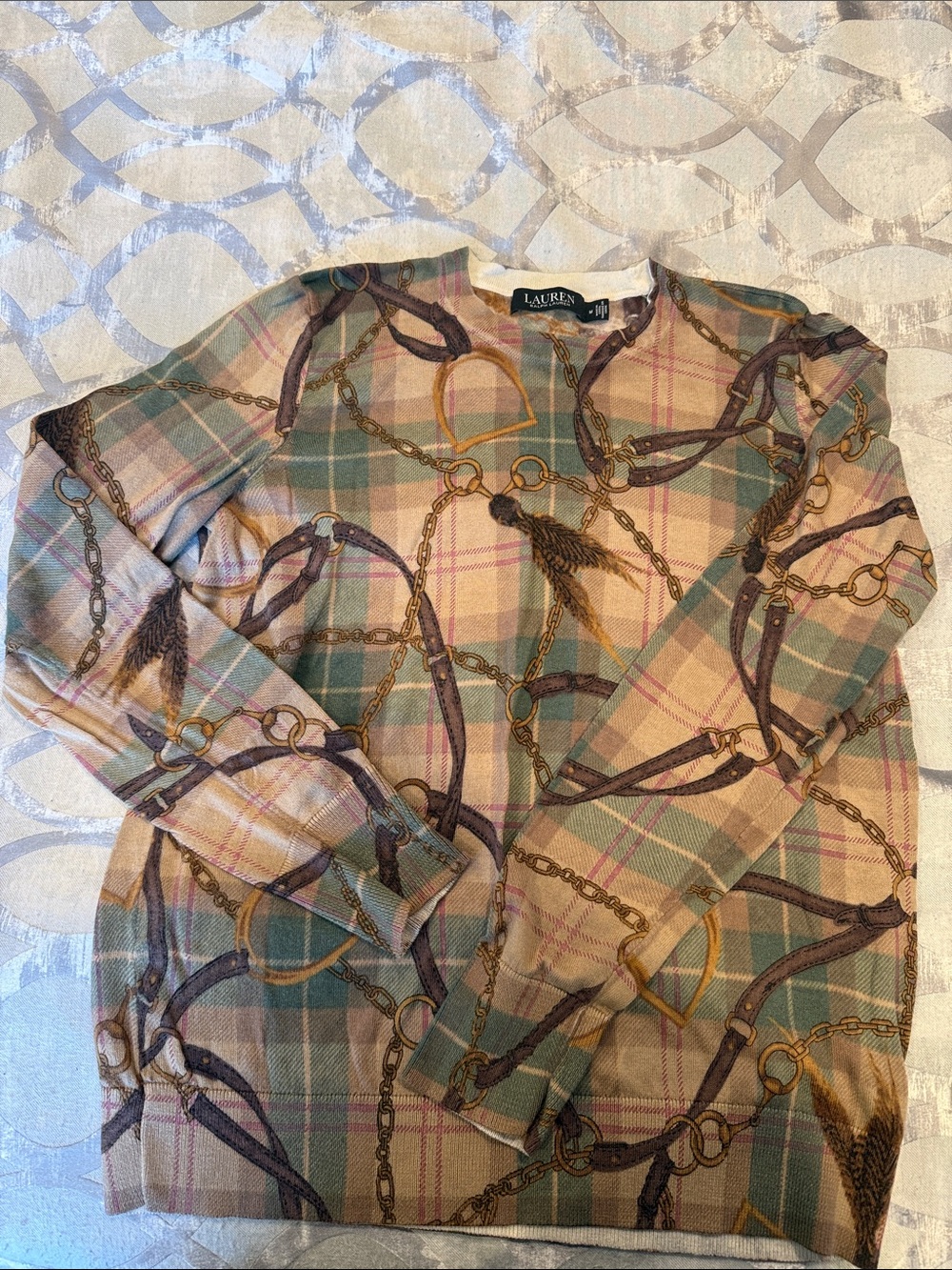 Lauren Ralph Lauren Beige and Sage Plaid Chain-Print Crewneck